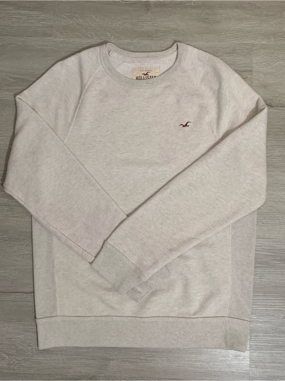 Hollister Men's Crewneck Sweater - Light Cream/Heather Gray with Maroon Logo